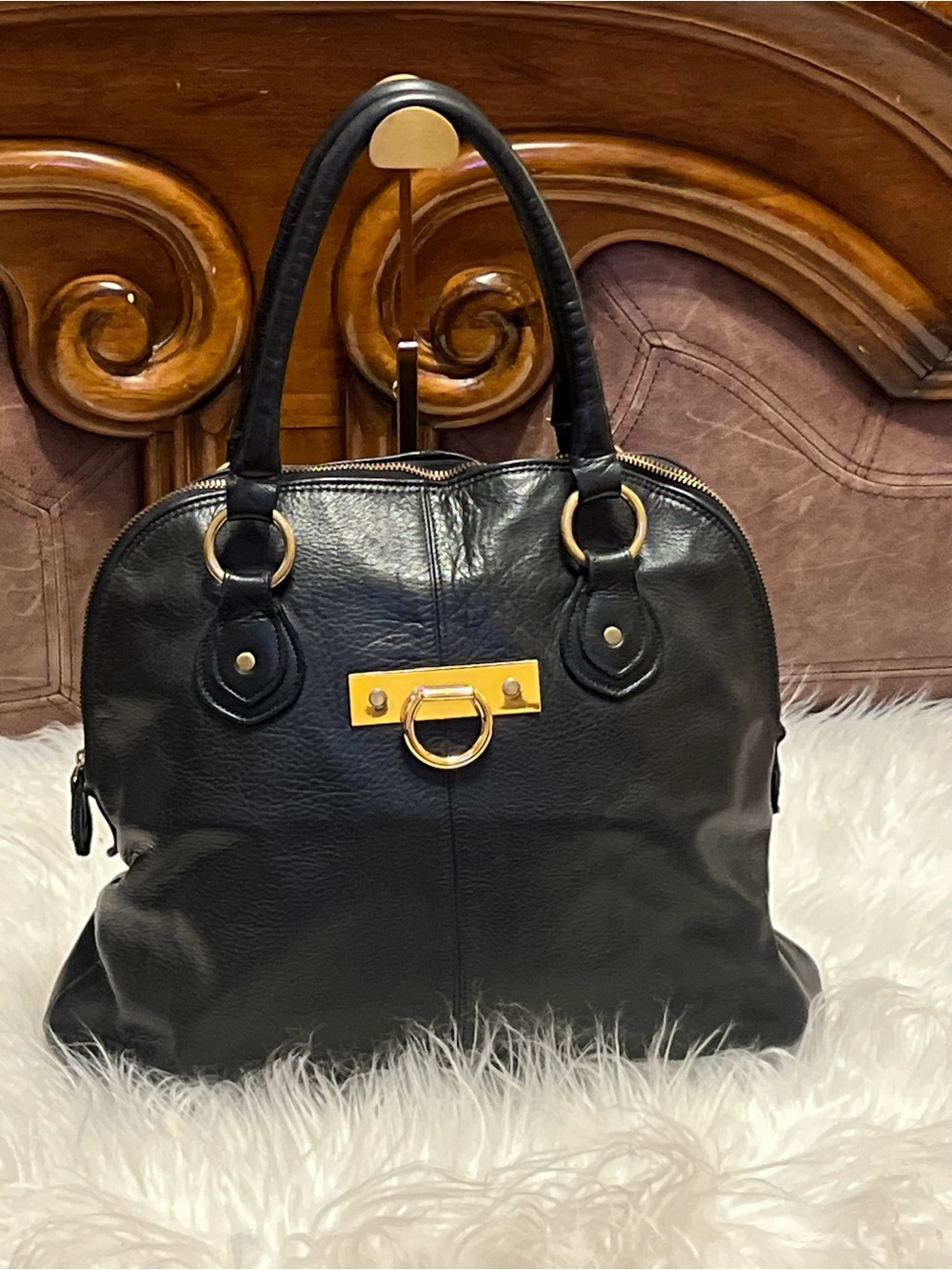 Onna Ehrlich Black Leather Dome Satchel with Gold Hardware shoulder bag